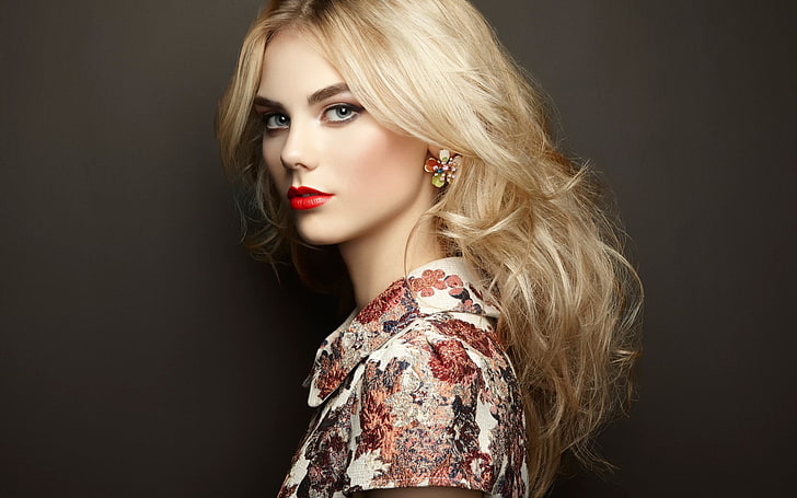 women, long hair, blonde, portrait, makeup, open mouth, simple background, HD wallpaper