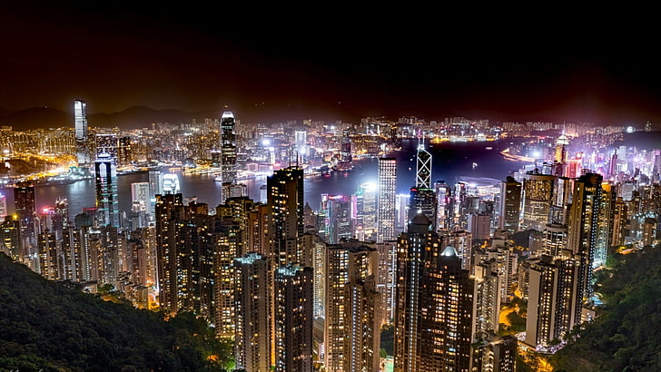 victoria peak, city, cityscape, hong kong, metropolis, night