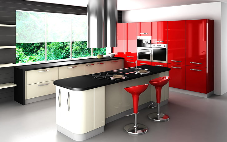 white wooden kitchen cabinets, kitchen design, interior, domestic Kitchen, HD wallpaper