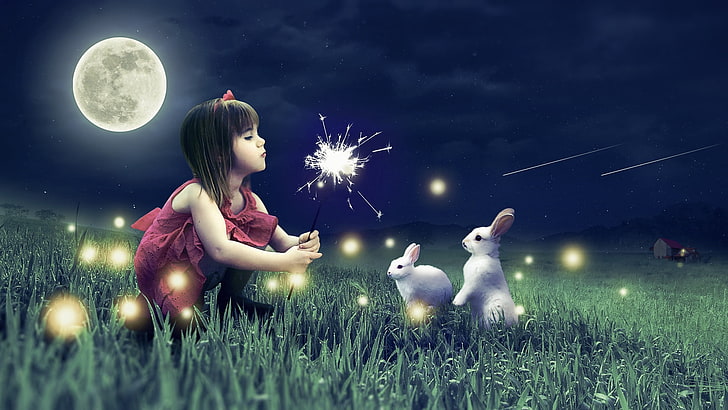 Cute Girl Cute Rabbits, grass, night, moon, sky, full moon, plant, HD wallpaper