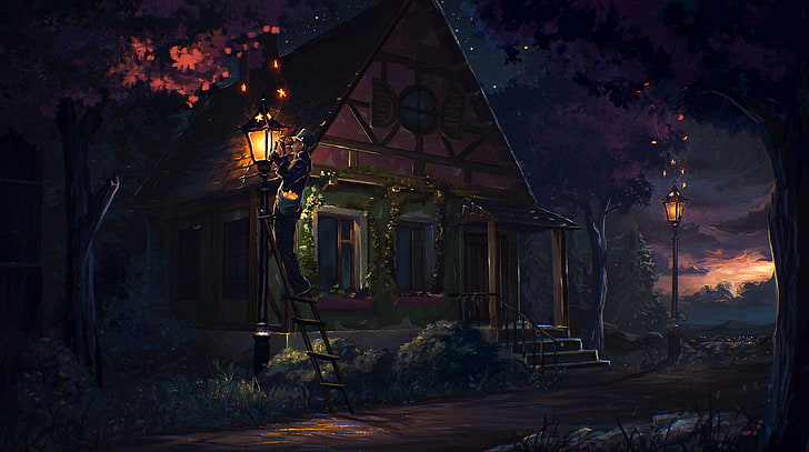 brown bungalow house near woods illustration, fairy tale, art