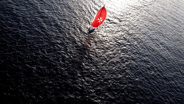sailing ship, water, red, no people, day, nature, high angle view