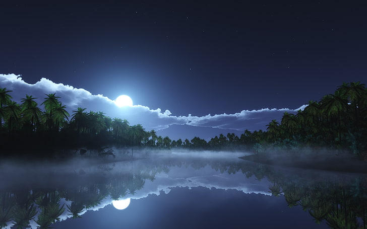 calm water under white clouds and full moon, nature, landscape
