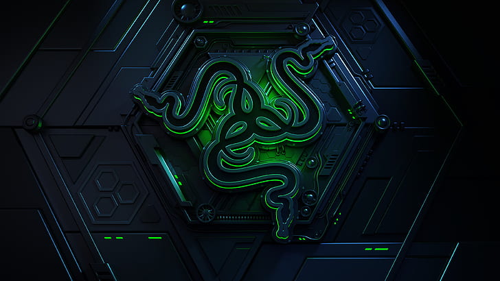 4K, Dark background, Green, Razer, Logo, 3D