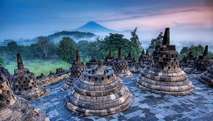 Borobudur, Indonesia, statue, Buddhism, forest, mist, mountains, HD wallpaper