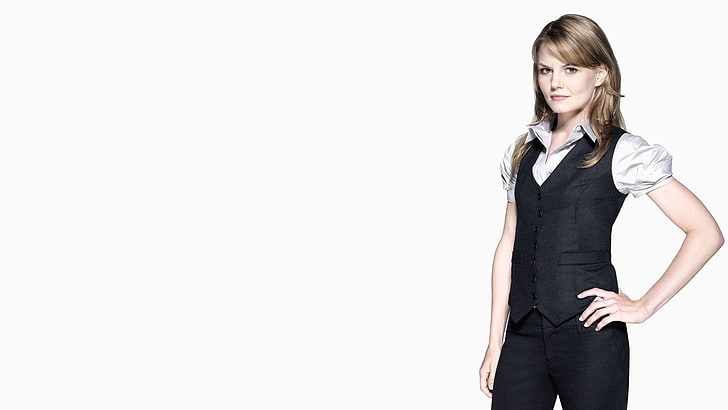 woman wearing black vest, Jennifer Morrison, actress, women, simple background