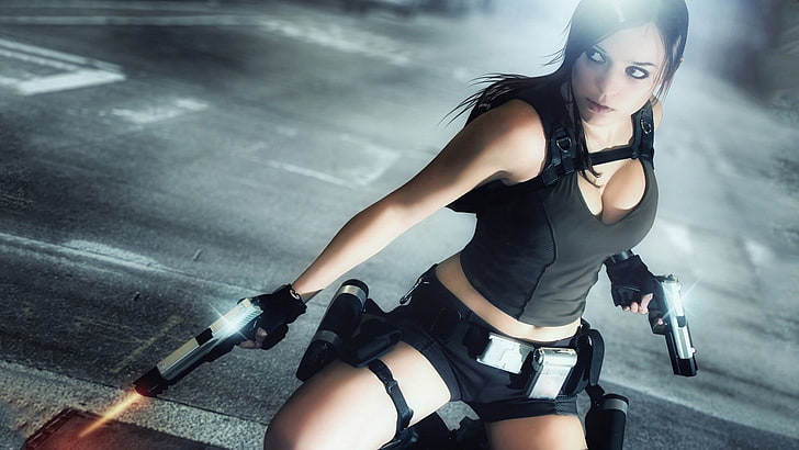 woman with guns digital wallpaper, Lara Croft, Tomb Raider, cosplay, HD wallpaper