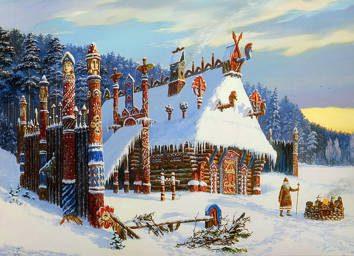 brown wooden house illustration, winter, fire, smoke, temple, HD wallpaper