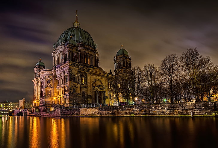 light, trees, night, the city, river, Germany, Berlin, Berlin Cathedral, HD wallpaper