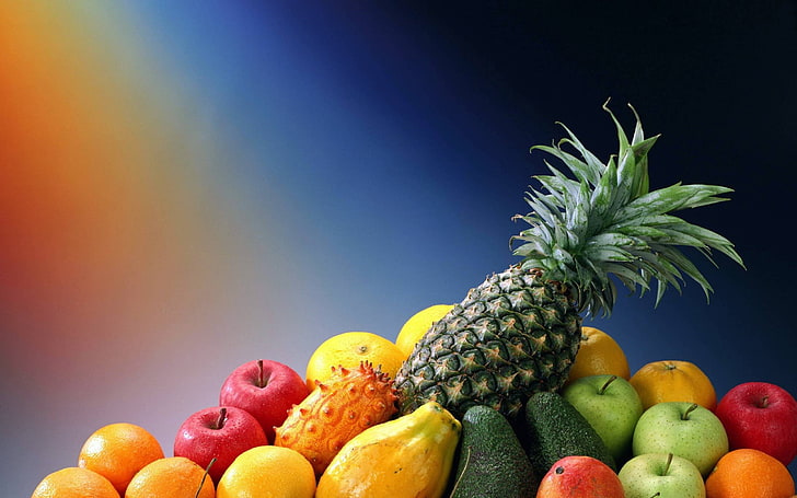 bunch of fruits, gradient, apples, orange (fruit), pineapples, HD wallpaper