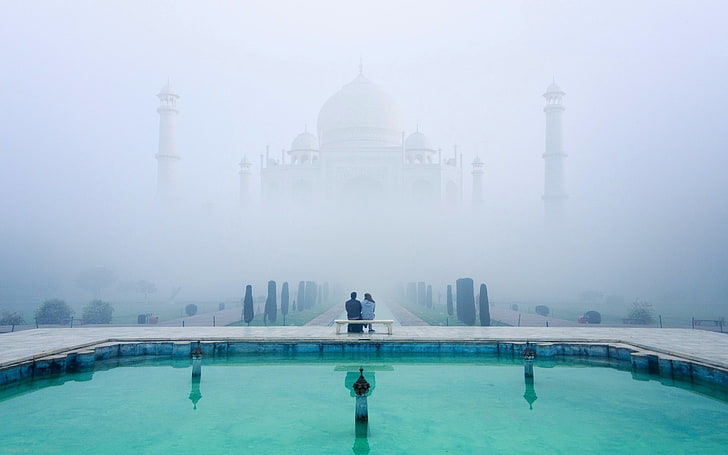 white concrete mosque, landscape, nature, mist, Taj Mahal, garden, HD wallpaper