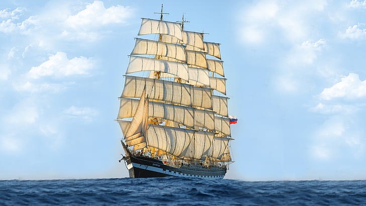 Sailing ship, sea, blue sky, white and brown sailing boat