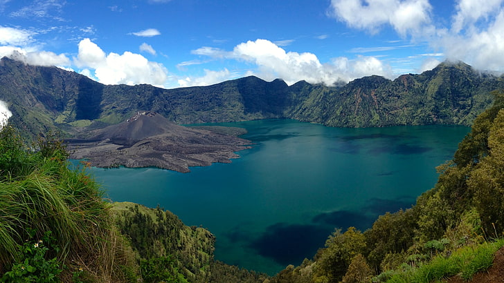 mount rinjani, indonesia, active volcano, asia, lake, crater lake