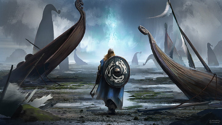 game poster, digital art, fantasy art, Vikings, boat, Axe, shield