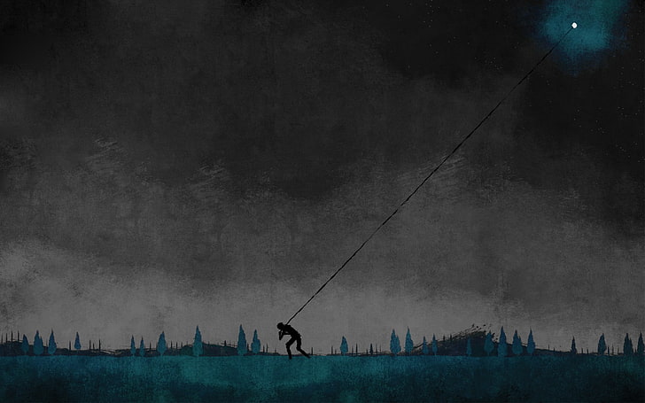 silhouette of man pulling star painting, fantasy art, sky, real people, HD wallpaper
