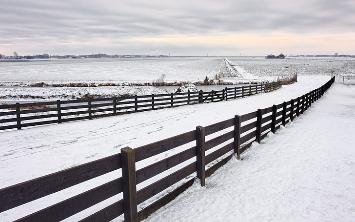 white and black wooden bed frame, nature, snow, fence, landscape, HD wallpaper