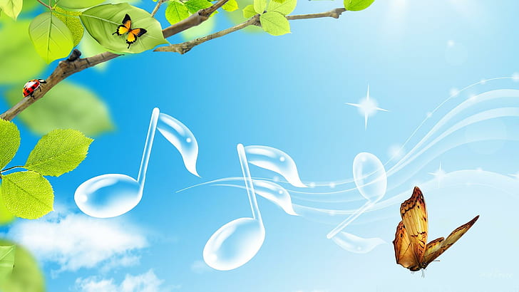 Music Of Spring, clear glass musical note illustration, blue sky