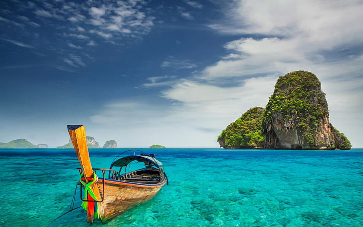 cliff, summer, Railay Beach, boat, tropical, turquoise, Thailand, HD wallpaper