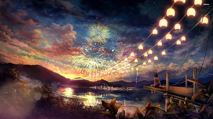woman sitting on dock watching fireworks wallpaper, fantasy art
