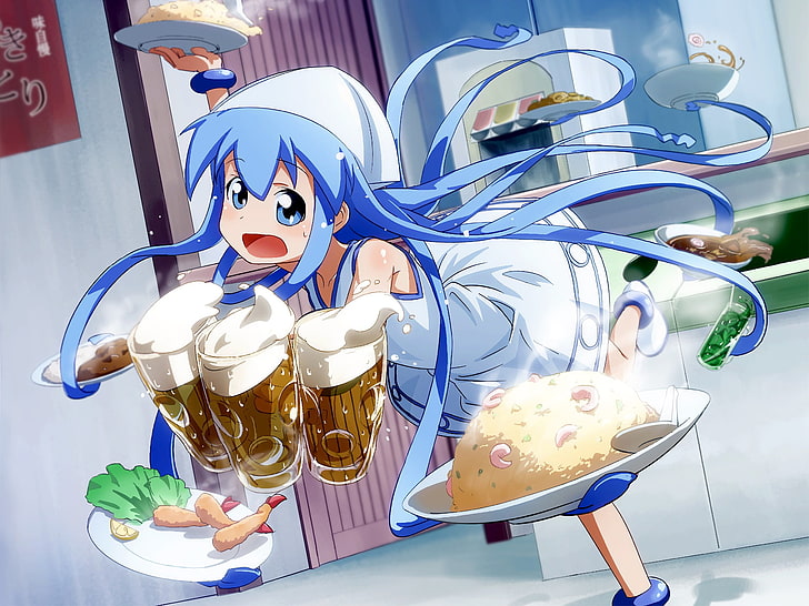 Shinryaku! Ika Musume, anime girls, blue hair, blue eyes, beer