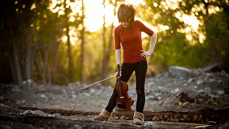 Lindsey Stirling, UGG Boots, women, one person, tree, forest