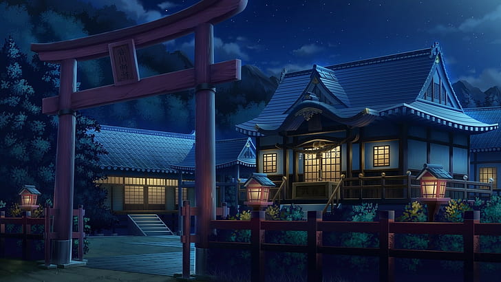 HD wallpaper: anime torii artwork house lantern fence lights night asian  architecture | Wallpaper Flare