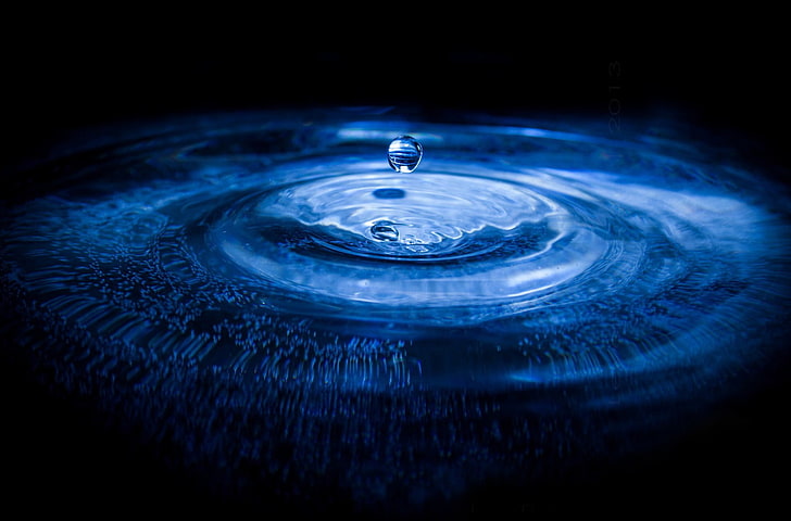 water dew, digital art, rippled, drop, motion, concentric, blue, HD wallpaper