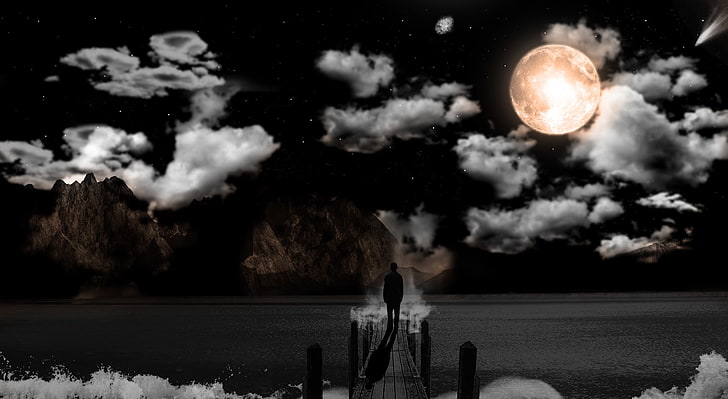 Moonlit Night, gray clouds, Aero, Creative, cloud - sky, water, HD wallpaper