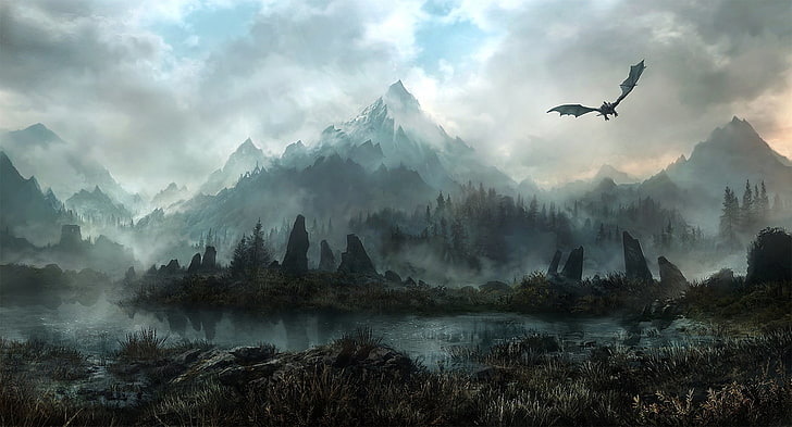 lake and flying creature illustration, forest, mountains, fog
