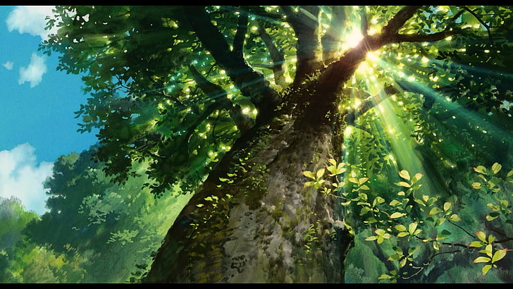 HD wallpaper: green-leafed tree, anime, landscape, sunlight, trees, nature  | Wallpaper Flare