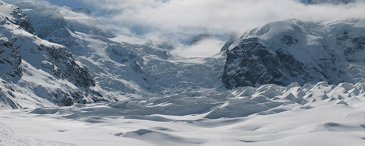 snow-covered field, mountains, Morteratsch Glacier, Switzerland