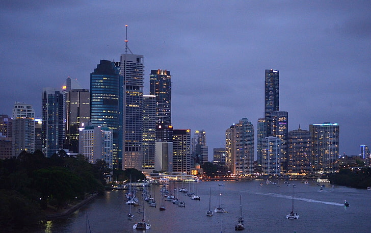 Cities, Brisbane, Boat, Building, City, Dock, Dusk, Light, Queensland, HD wallpaper