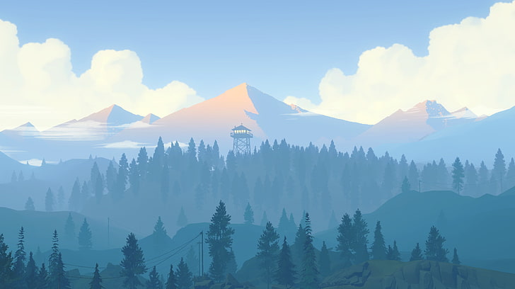 illustration of mountains surrounded by trees under white clouds