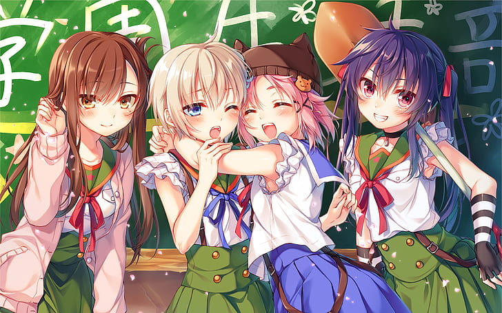 emotions, girls, bows, friend, blue hair, sailor, hat with ears