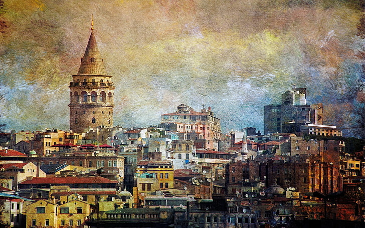 painting of Galata tower, Istanbul, Turkey, Galata Kulesi, building exterior, HD wallpaper