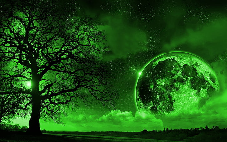 Artistic, Fantasy, Green, Moon, Tree, sky, plant, nature, environment, HD wallpaper