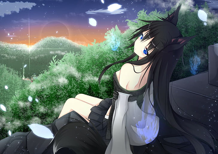 black hair, blue eyes, blushing, clouds, forest, fox girl, long hair, HD wallpaper