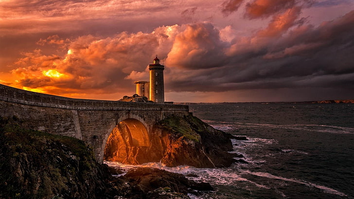 sky, tower, sea, lighthouse, cloud, coast, phare du petit minou, HD wallpaper
