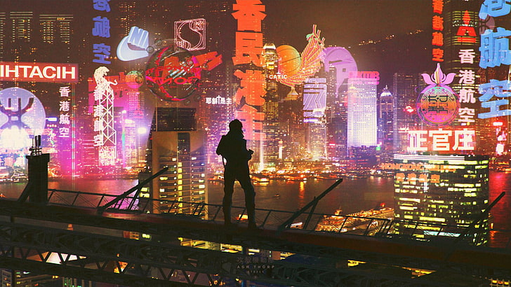 assorted neon signages, Ghost in the Shell, cityscape, cyberpunk