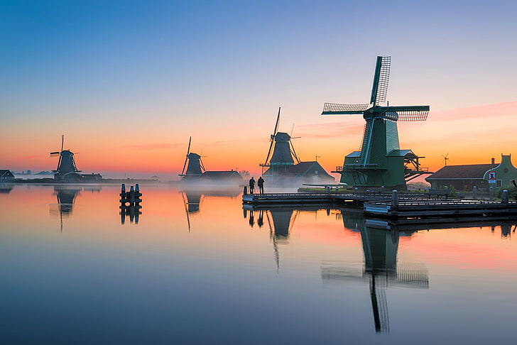 sunset, the evening, channel, mill, Netherlands, Holland, Zaanse Schans, HD wallpaper