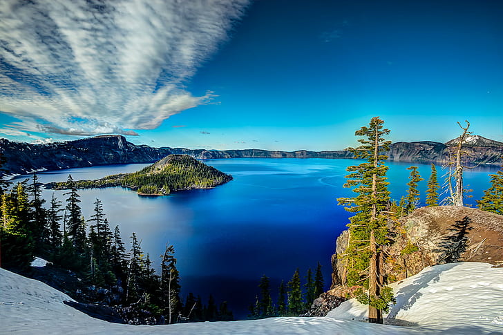 blue ocean during daytime, Sunset, clouds, crater lake national park