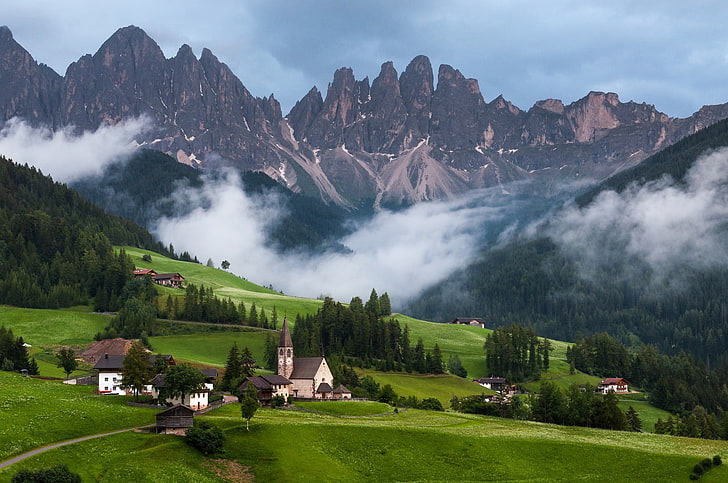 green trees covered mountains, nature, landscape, clouds, Italy