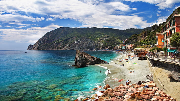 Italy, Monterosso, Cinque Terre, beach, coast, sea, rocks, houses, mountains, green mountain with ocean resort