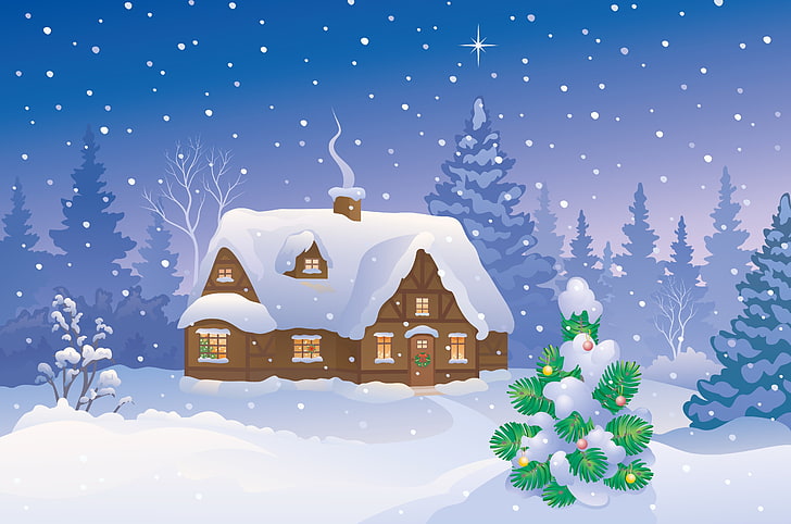 white and brown house clip art, snow, tree, new year, Merry Christmas, HD wallpaper