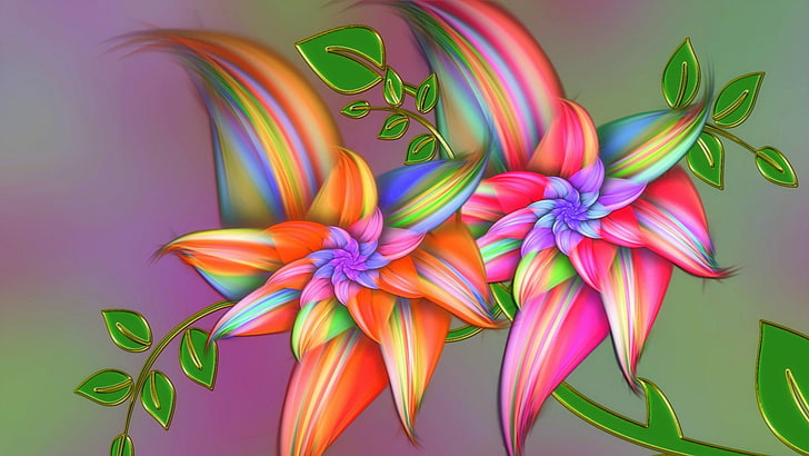 flower, rainbow color, pink, bleu, green, orang, yellow, abstract, HD wallpaper