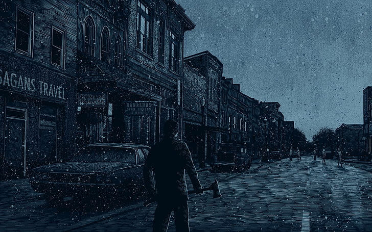 man holding axe wallpaper, Silent Hill, snow, car, digital art