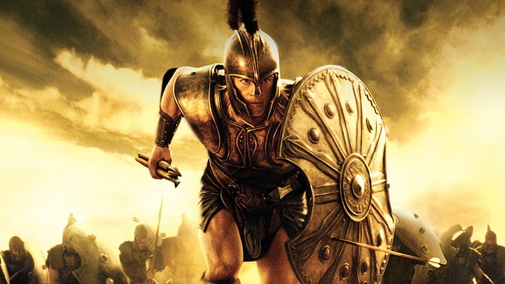 male wearing armor with sword and shield, movies, Troy, Brad Pitt, HD wallpaper