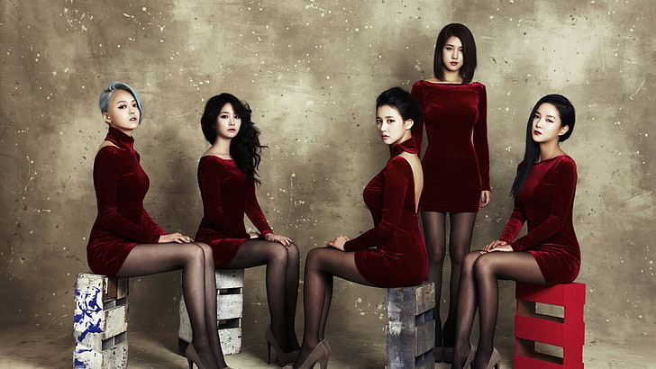 five women's red tops, Asian, group of women, brunette, red dress