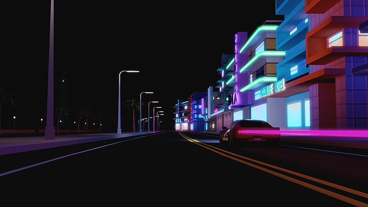 blue concrete building, city, urban, street, car, CGI, render