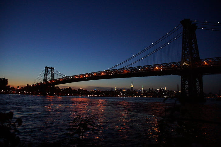 Brooklyn Bridge,New York City, Night, River, Sky, Lights, Bridge, manhattan bridge, HD wallpaper